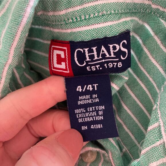 Chaps Green and White Striped Buttondown, Size 4T - Picture 4 of 5